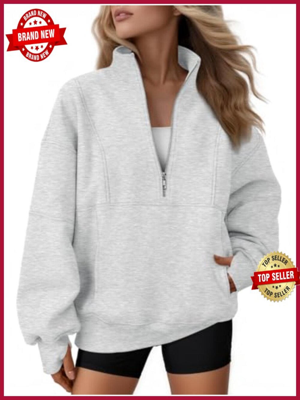 Oversized Quarter Zip Fleece Sweatshirt Mock Neck Pullover Thumbholes